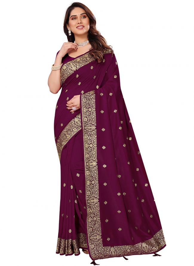 Vichitra Blooming Wine Daily Wear Zari Work Saree